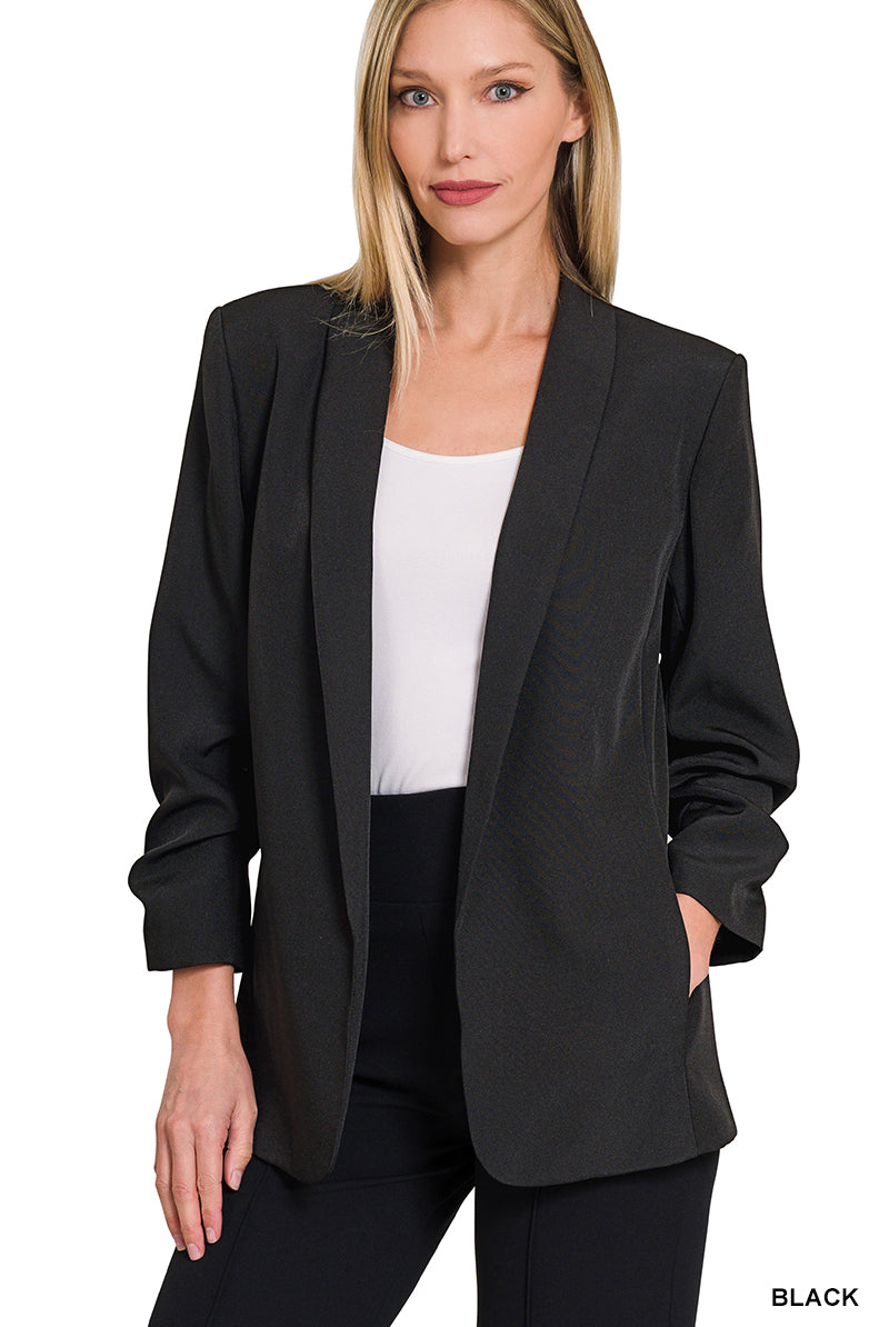 Ruched Sleeve Open Blazer-Blazers-Podos Boutique, a Women's Fashion Boutique Located in Calera, AL