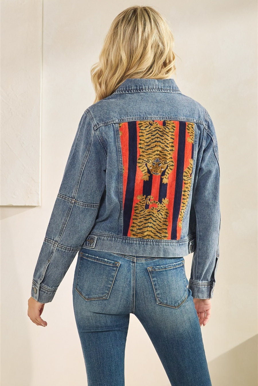 Tiger Patch Denim Jacket-Jackets-Podos Boutique, a Women's Fashion Boutique Located in Calera, AL