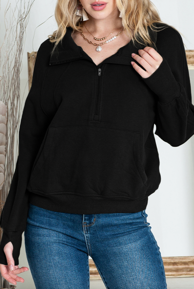 Quarter Zip Thumbhole Sweatshirt-Sweaters-Podos Boutique, a Women's Fashion Boutique Located in Calera, AL