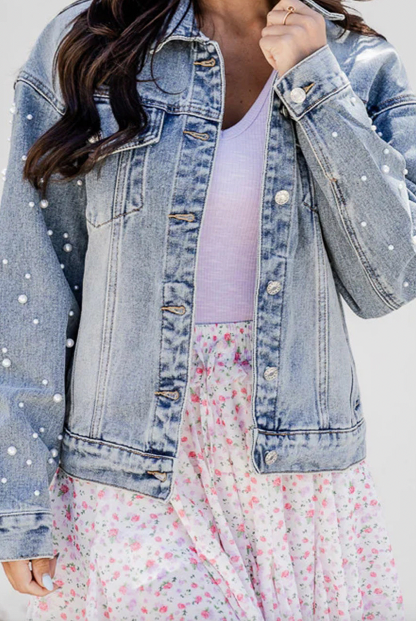 Pearl Denim Jacket-Jackets-Podos Boutique, a Women's Fashion Boutique Located in Calera, AL