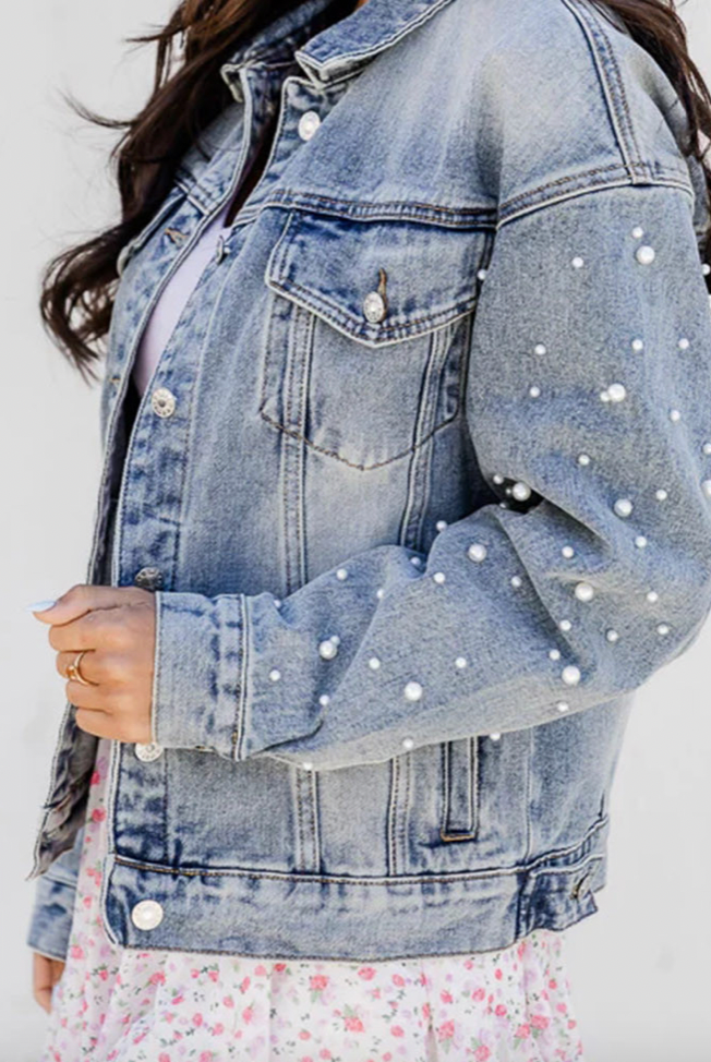 Pearl Denim Jacket-Jackets-Podos Boutique, a Women's Fashion Boutique Located in Calera, AL