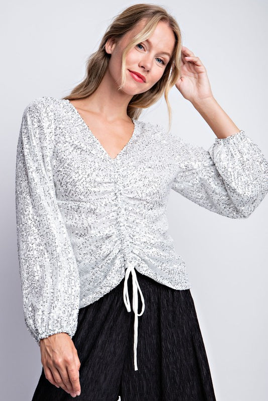 Rouched Front Sequin Top-Long Sleeves-Podos Boutique, a Women's Fashion Boutique Located in Calera, AL