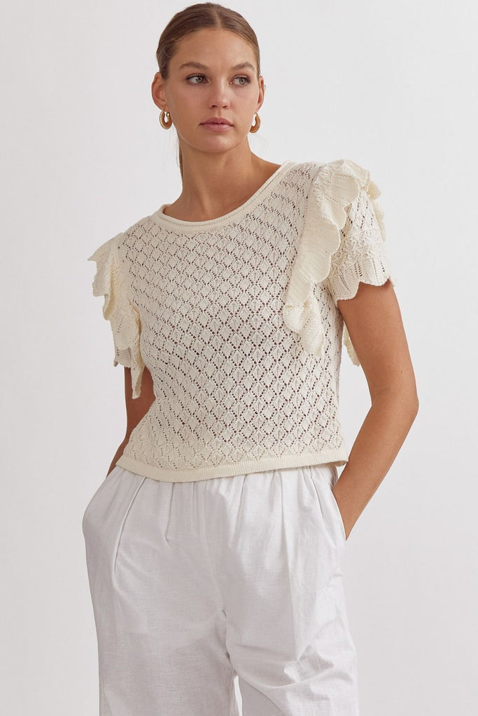 Lacey Knit Ruffle Shoulder Top-Short Sleeves-Podos Boutique, a Women's Fashion Boutique Located in Calera, AL