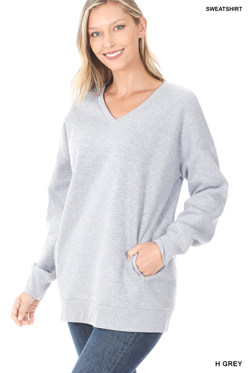 Side Pocket V-Neck Sweatshirt-Apparel & Accessories-Podos Boutique, a Women's Fashion Boutique Located in Calera, AL