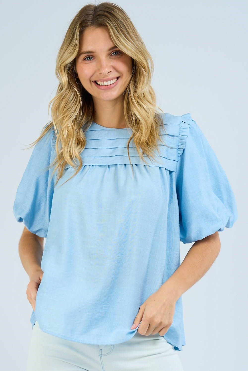 Frill Shoulder Pintuck Top-Short Sleeves-Podos Boutique, a Women's Fashion Boutique Located in Calera, AL