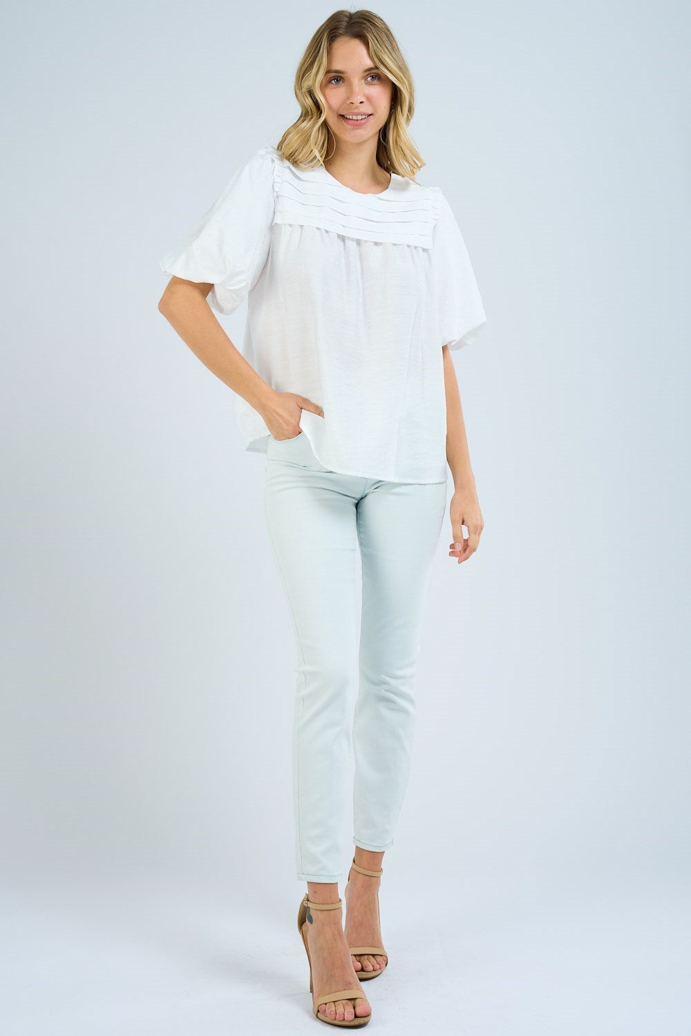 Frill Shoulder Pintuck Top-Short Sleeves-Podos Boutique, a Women's Fashion Boutique Located in Calera, AL