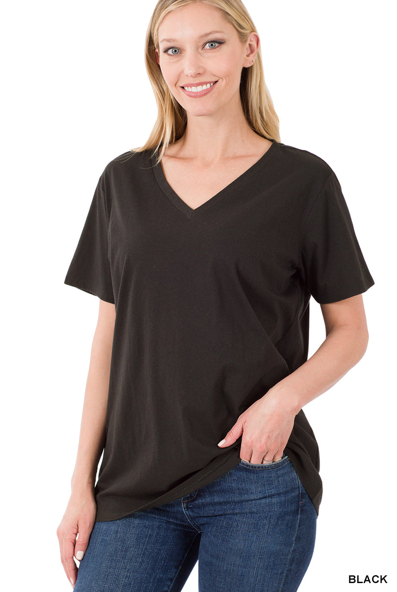 V-Neck Cotton Tee-Short Sleeves-Podos Boutique, a Women's Fashion Boutique Located in Calera, AL