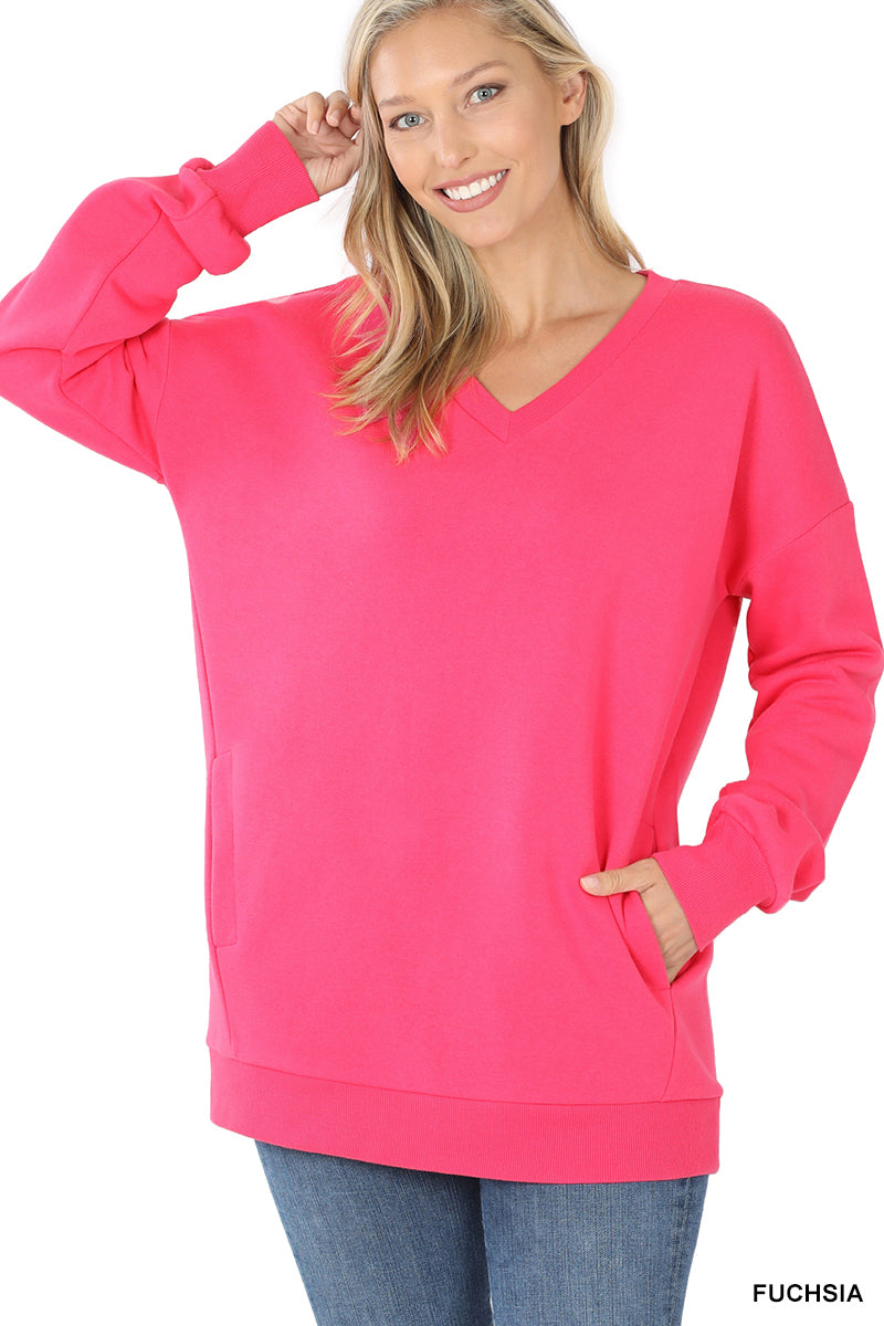 Side Pocket V-Neck Sweatshirt-Apparel & Accessories-Podos Boutique, a Women's Fashion Boutique Located in Calera, AL