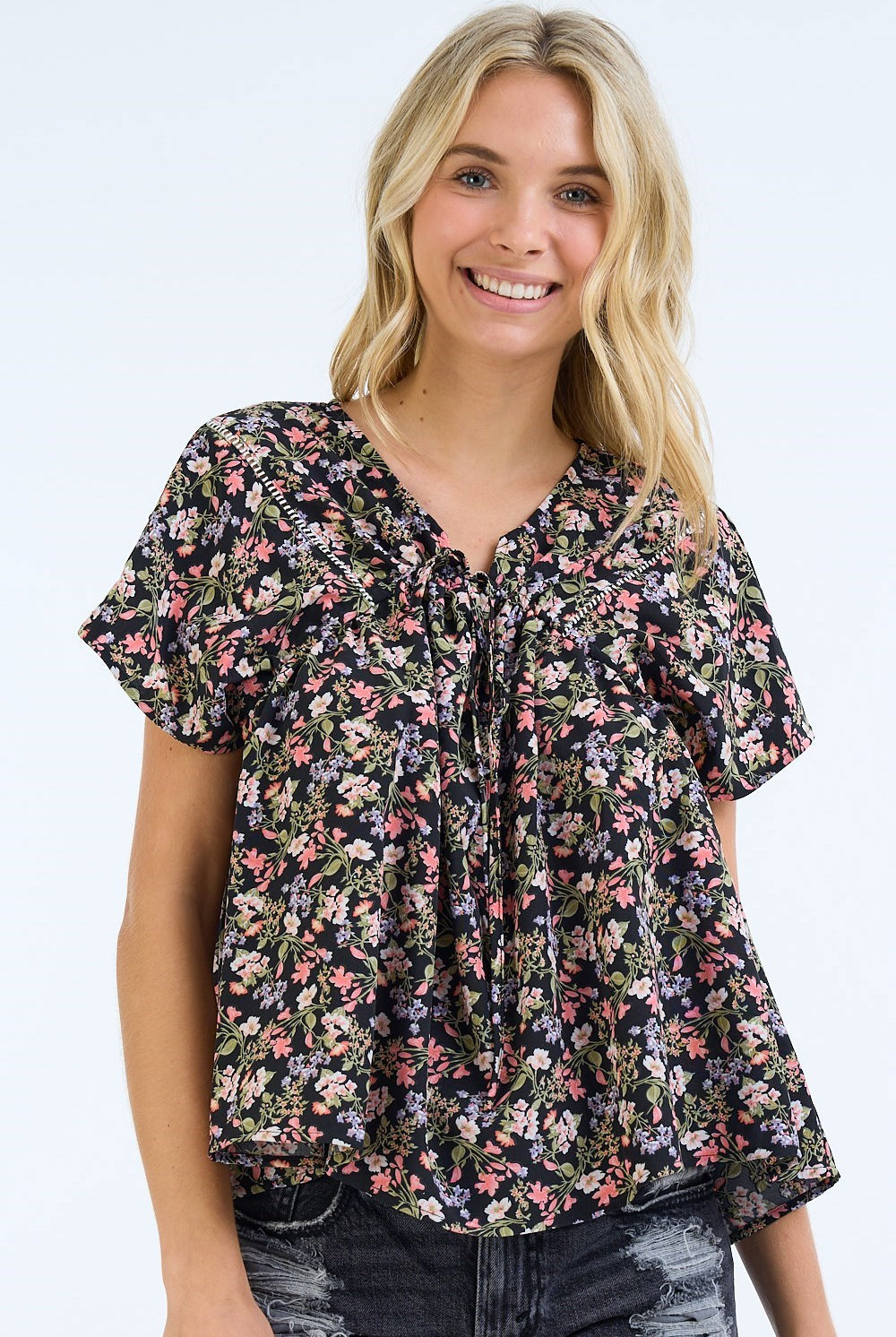 Ladder Lace Trim Top-Short Sleeves-Podos Boutique, a Women's Fashion Boutique Located in Calera, AL