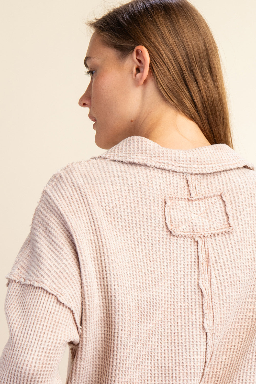 Waffle Polo Sweatshirt-Clothing-Podos Boutique, a Women's Fashion Boutique Located in Calera, AL