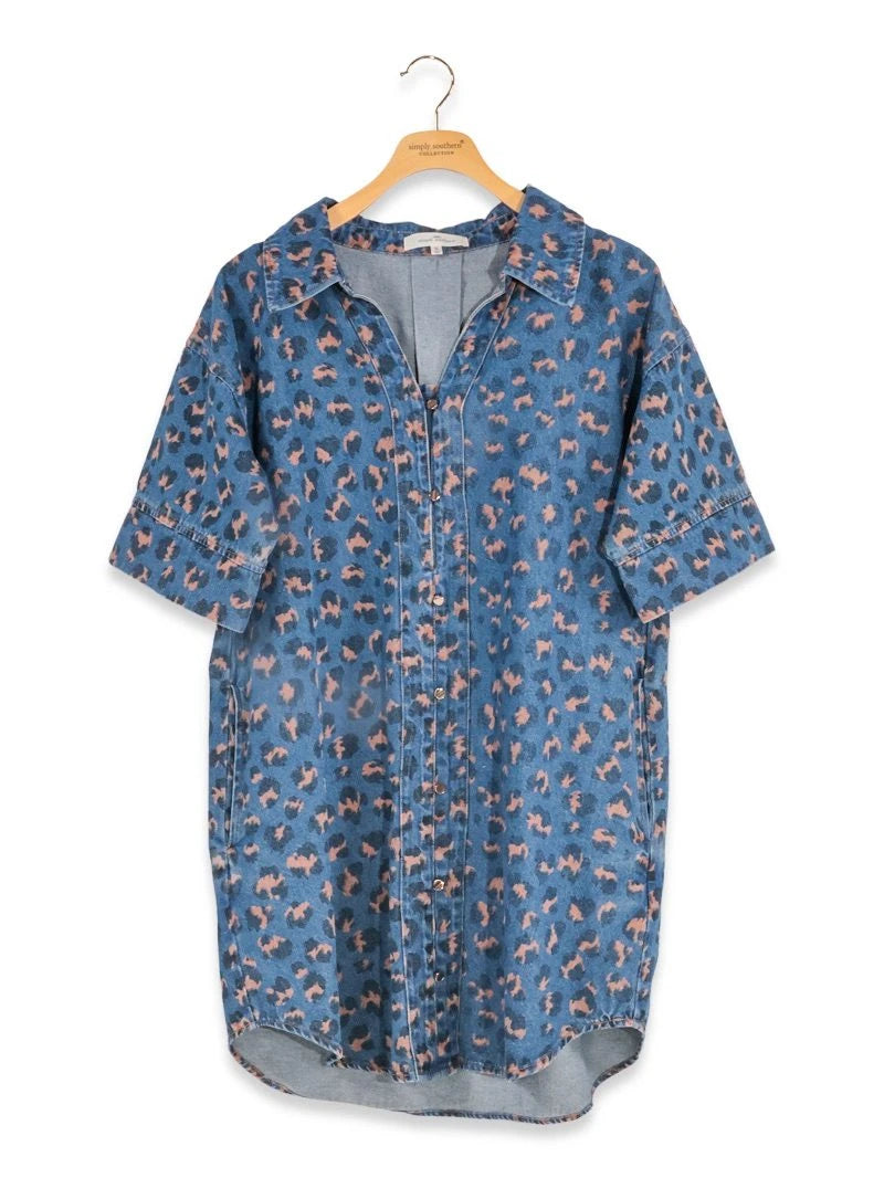 Leopard Denim Print Dress-Short Dresses-Podos Boutique, a Women's Fashion Boutique Located in Calera, AL