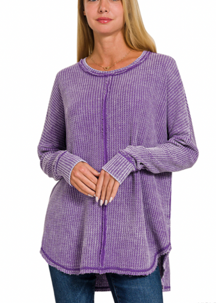 WASHED BABY WAFFLE OVERSIZED LONG SLEEVE TOP-Tops-Podos Boutique, a Women's Fashion Boutique Located in Calera, AL