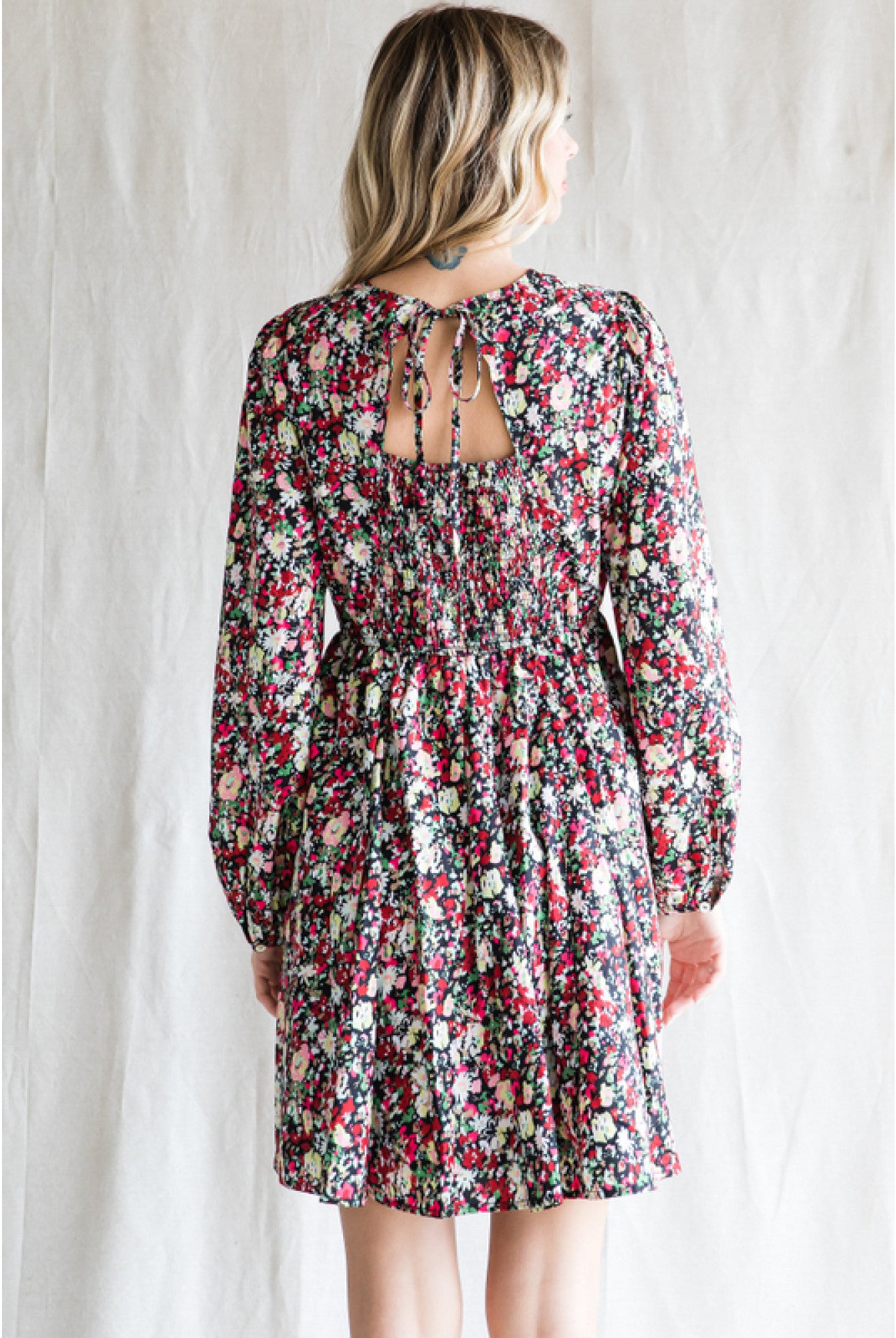 Floral dress w/ U-neck back tie closure-Short Dresses-Podos Boutique, a Women's Fashion Boutique Located in Calera, AL