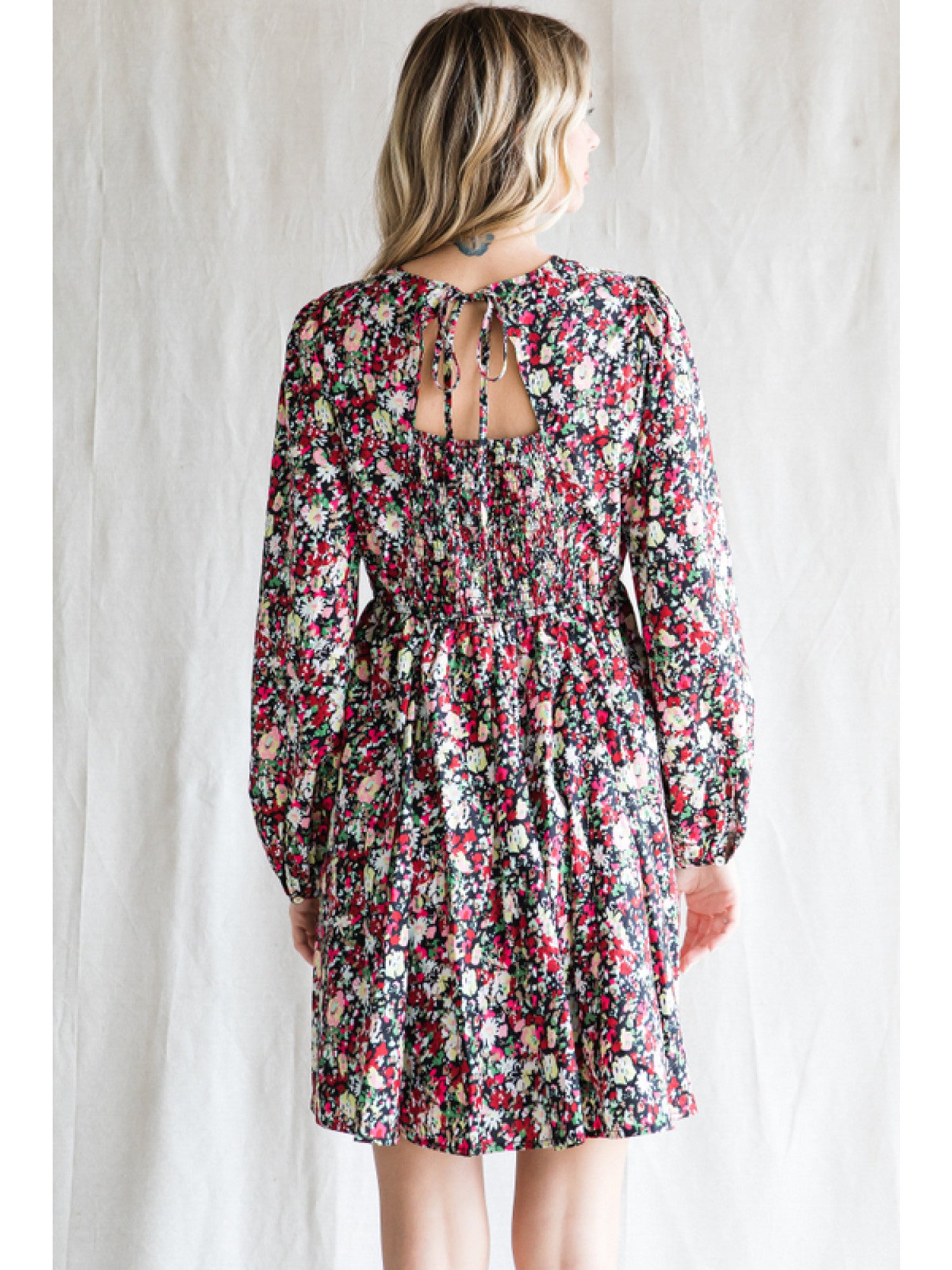 Floral dress w/ U-neck back tie closure-Short Dresses-Podos Boutique, a Women's Fashion Boutique Located in Calera, AL