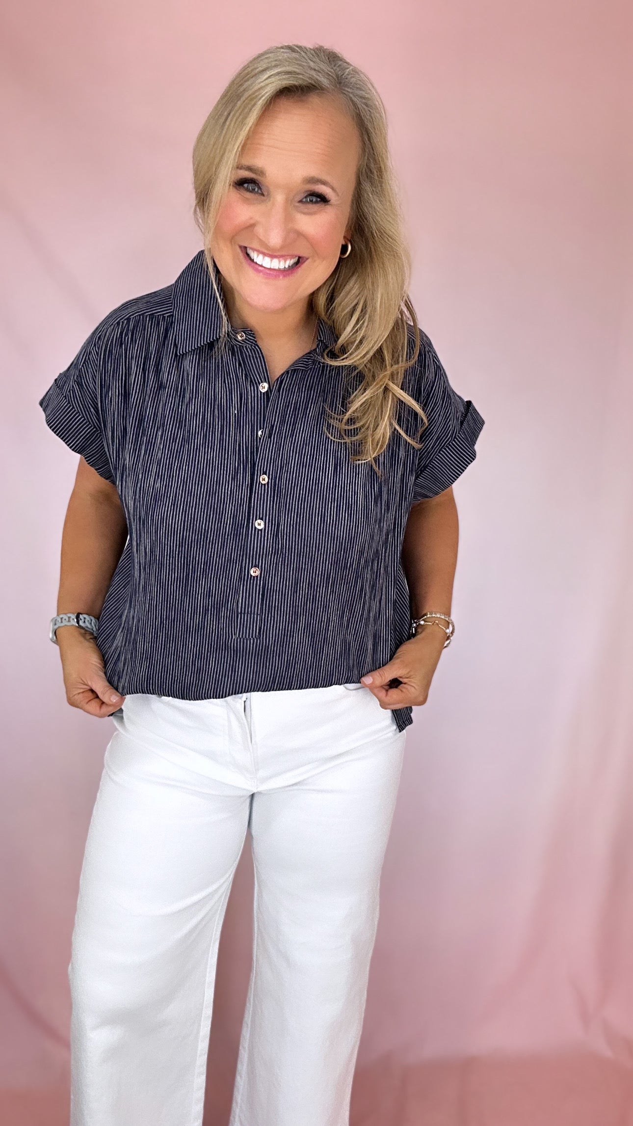 Ella Stripe Button Front Top-Short Sleeves-Podos Boutique, a Women's Fashion Boutique Located in Calera, AL