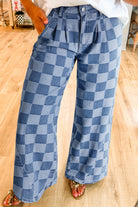 Checkered Wide Leg Jeans-Podos Boutique, a Women's Fashion Boutique Located in Calera, AL
