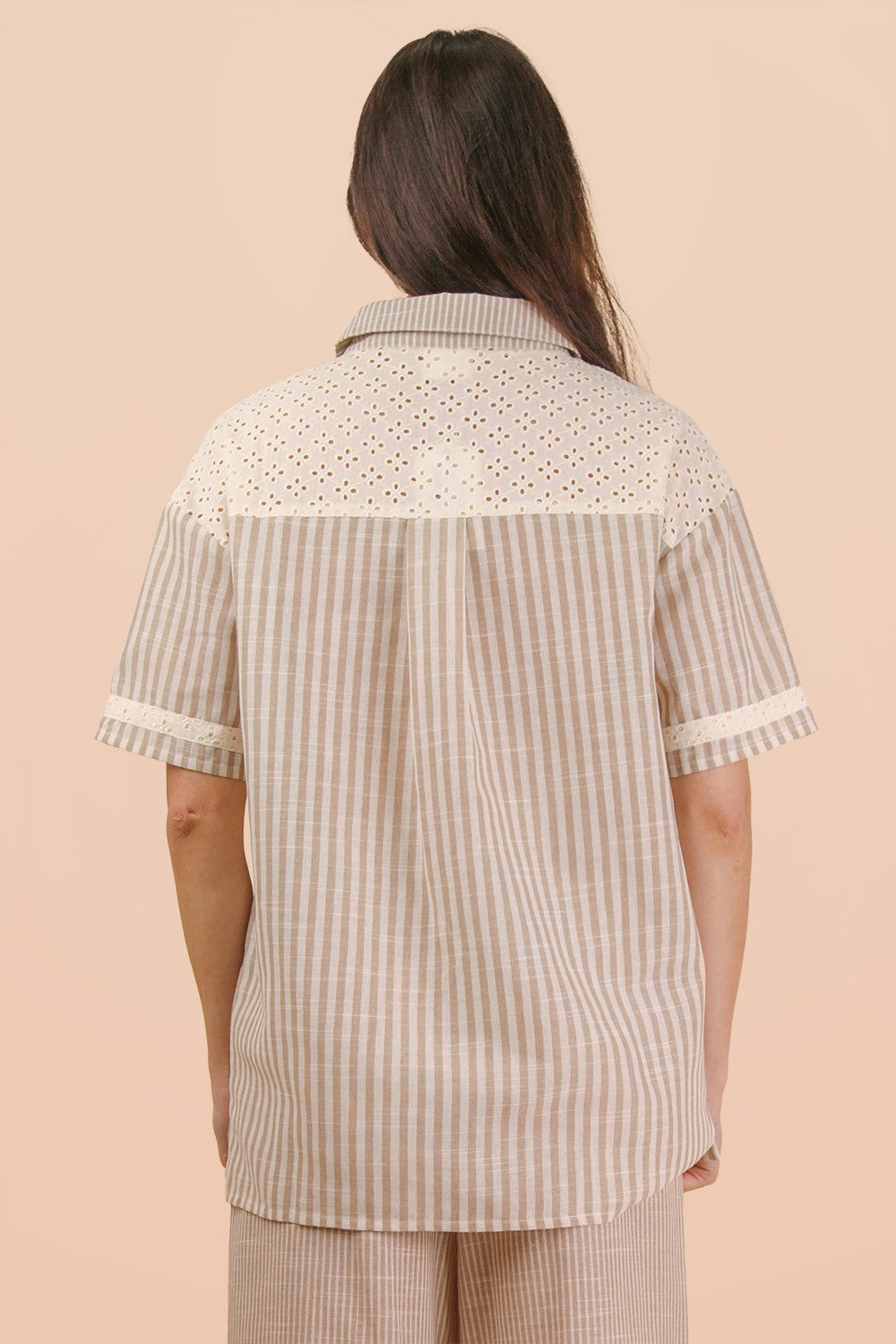 Lace Contrast Stripe Shirt-Fashion Tops-Podos Boutique, a Women's Fashion Boutique Located in Calera, AL