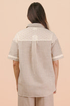 Lace Contrast Stripe Shirt-Fashion Tops-Podos Boutique, a Women's Fashion Boutique Located in Calera, AL