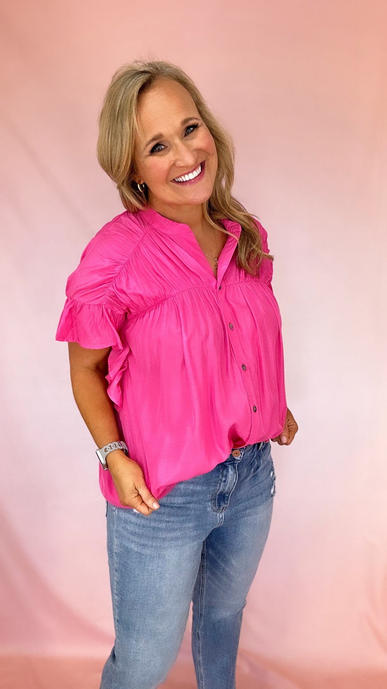 Girl Wearing Short Pleated Sleeve Button Up Blouse | Podos Boutique