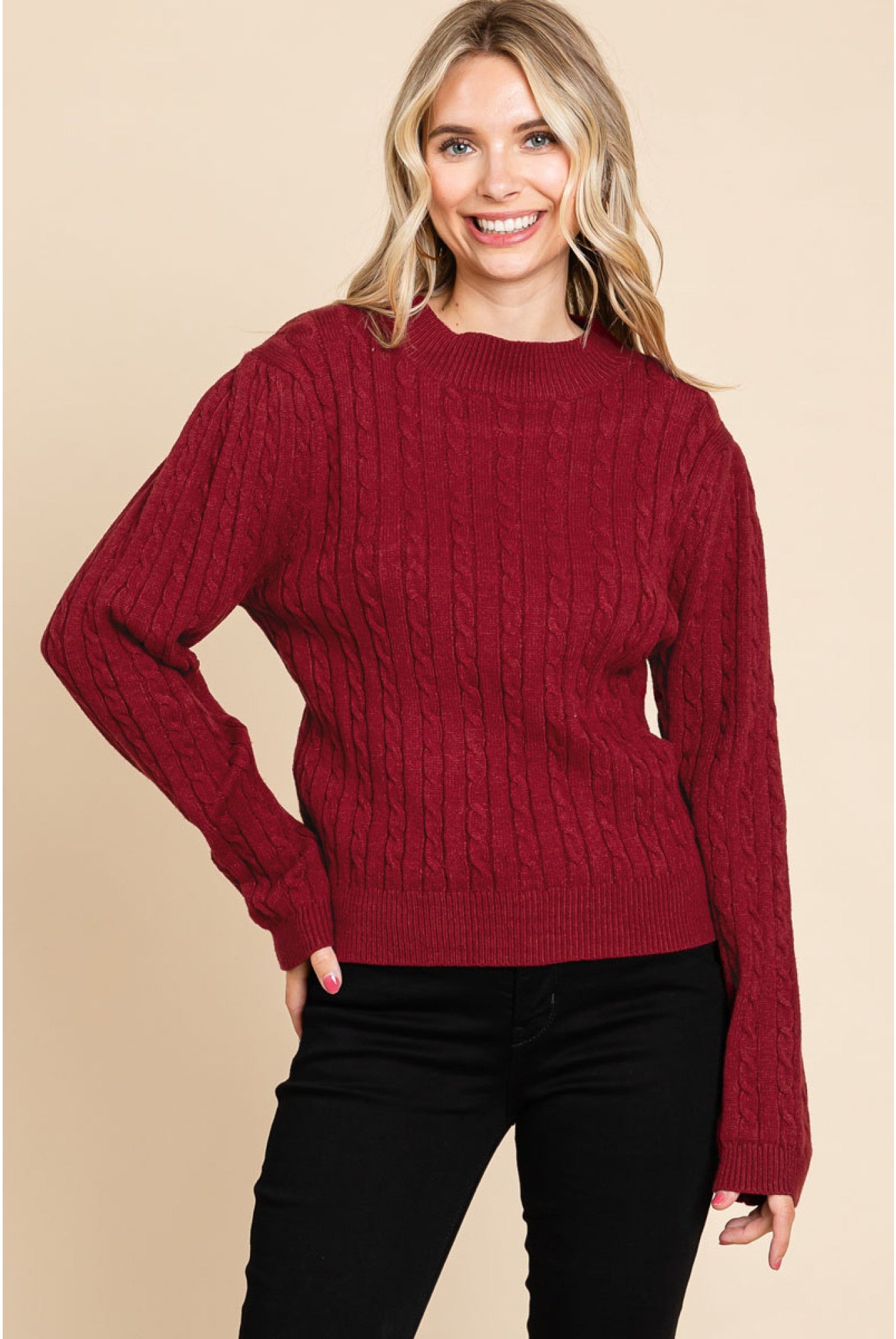 Solid cable knit sweater-Sweaters-Podos Boutique, a Women's Fashion Boutique Located in Calera, AL