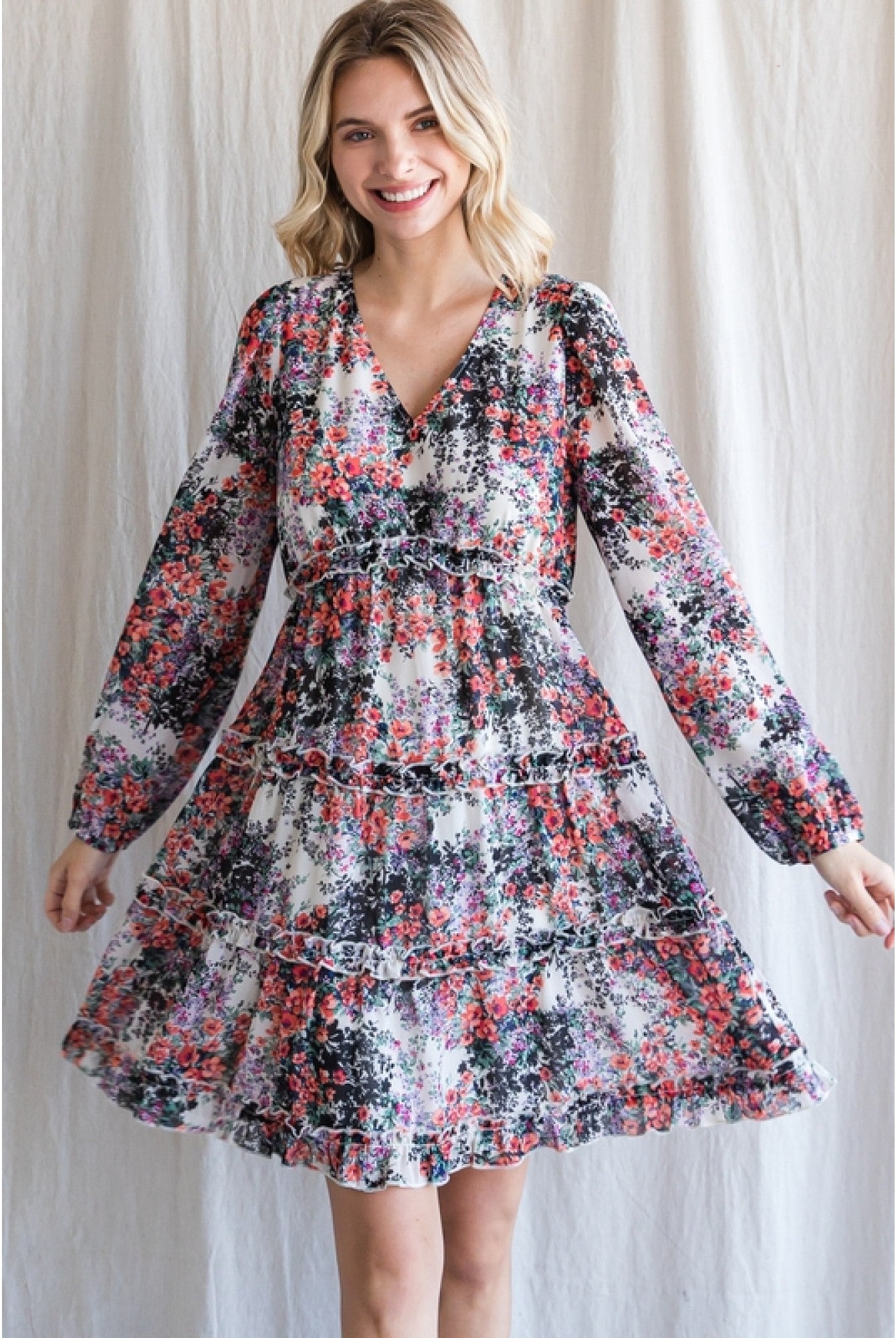 Long Sleeve Floral Dress-Short Dresses-Podos Boutique, a Women's Fashion Boutique Located in Calera, AL