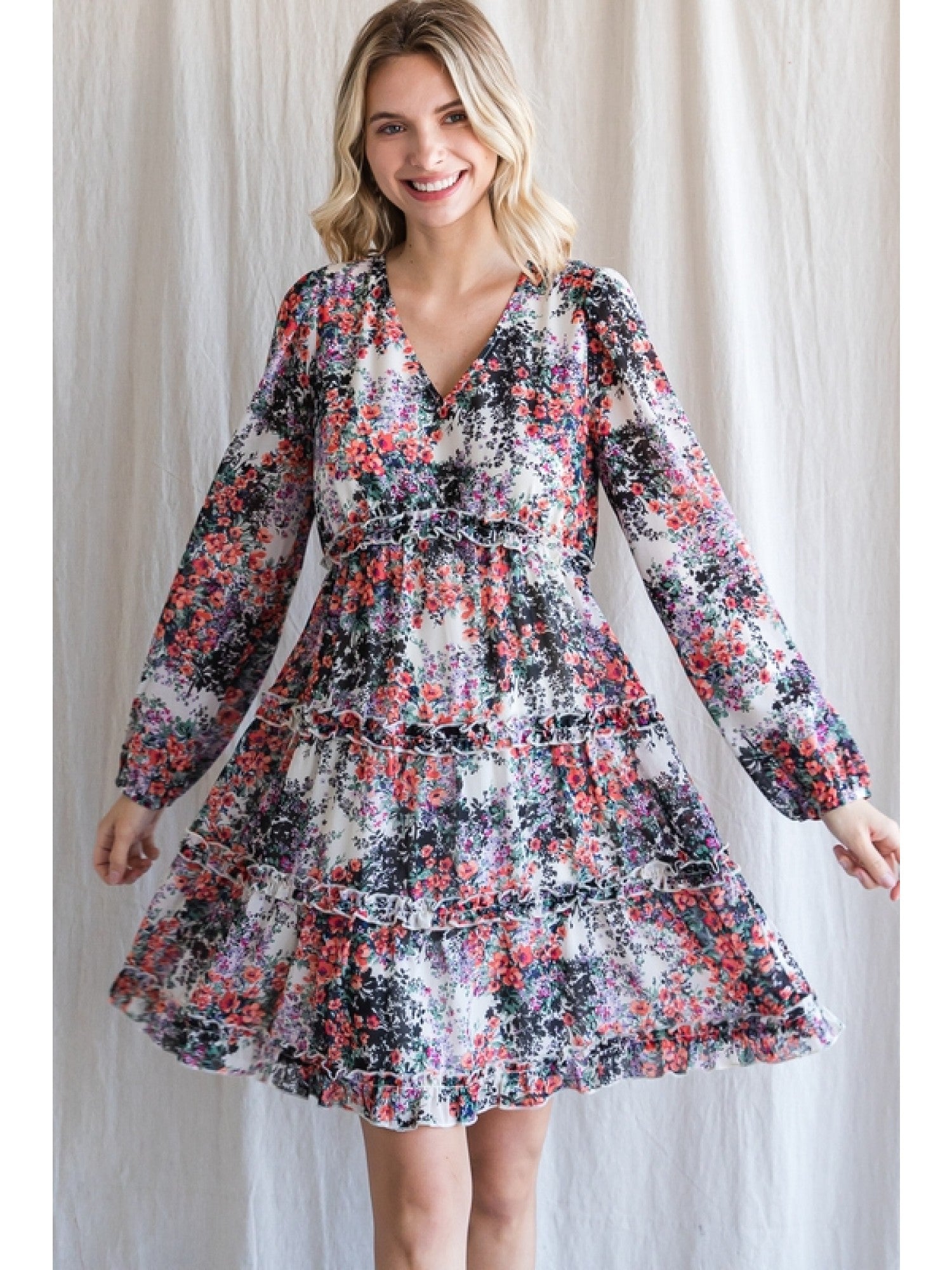 Long Sleeve Floral Dress-Short Dresses-Podos Boutique, a Women's Fashion Boutique Located in Calera, AL