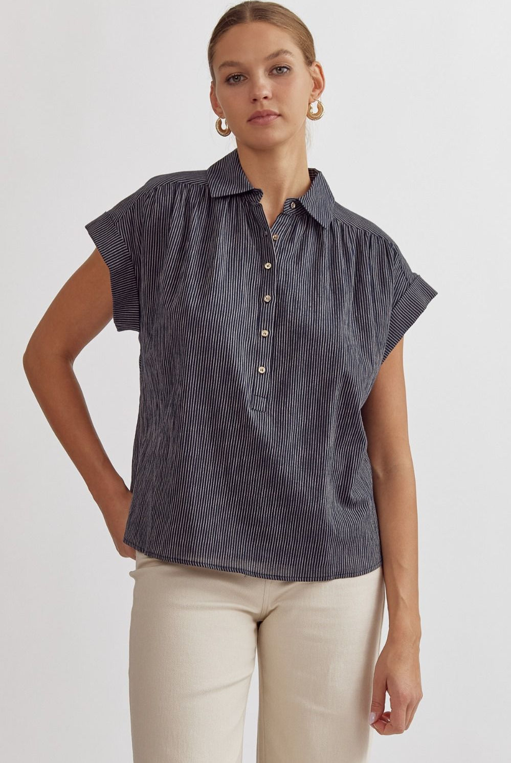 Ella Stripe Button Front Top-Short Sleeves-Podos Boutique, a Women's Fashion Boutique Located in Calera, AL