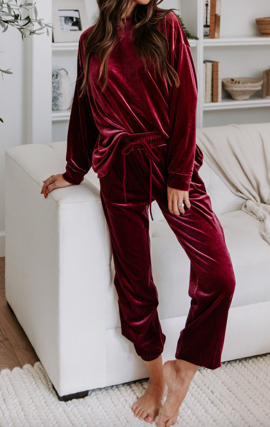Red Velvet Lounge Set-Rompers & Jumpsuits-Podos Boutique, a Women's Fashion Boutique Located in Calera, AL