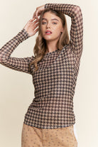 Houndstooth Mesh Top-Fashion Tops-Podos Boutique, a Women's Fashion Boutique Located in Calera, AL