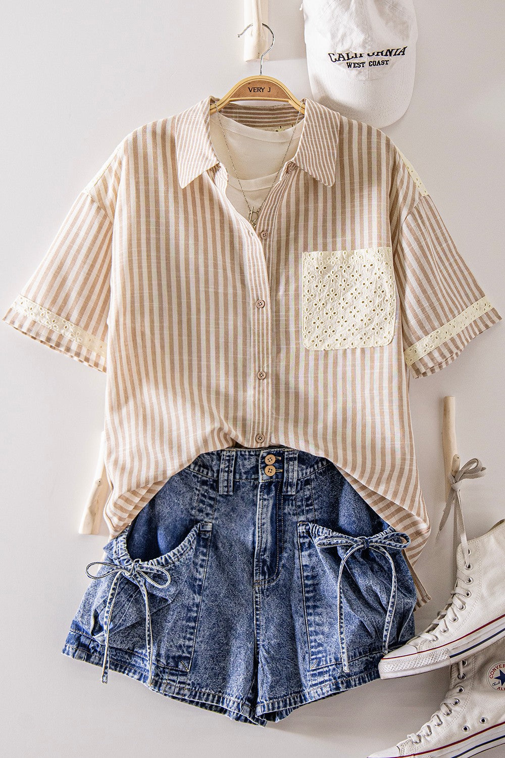 Lace Contrast Stripe Shirt-Fashion Tops-Podos Boutique, a Women's Fashion Boutique Located in Calera, AL