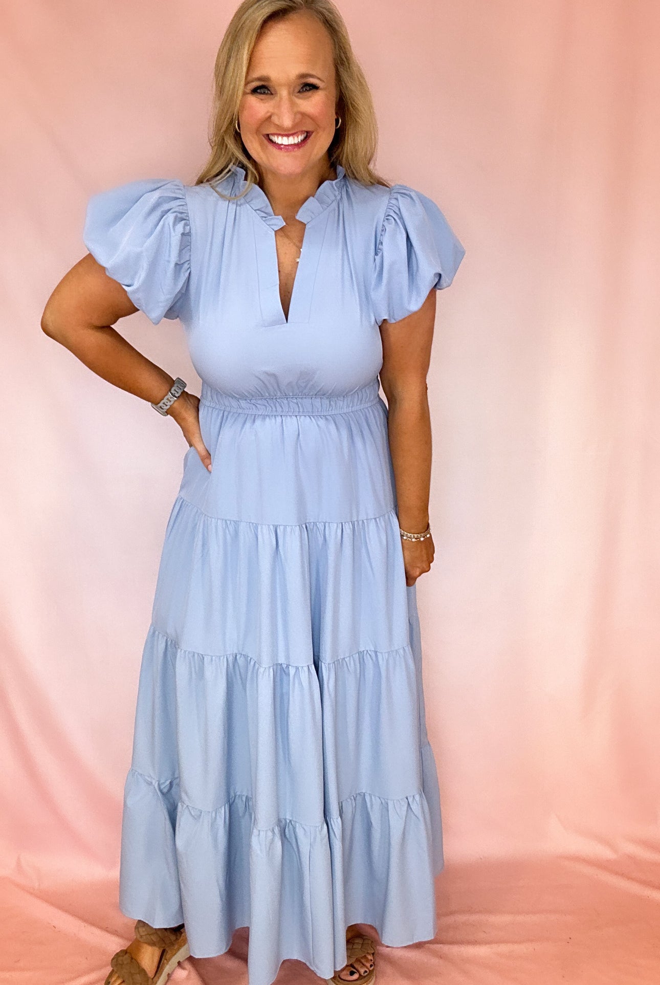 Bubble Sleeve Tiered Dress-Midi Dresses-Podos Boutique, a Women's Fashion Boutique Located in Calera, AL