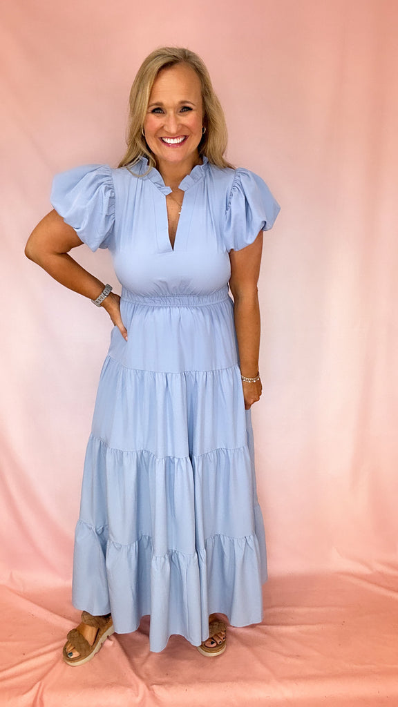 Bubble Sleeve Tiered Dress-Midi Dresses-Podos Boutique, a Women's Fashion Boutique Located in Calera, AL