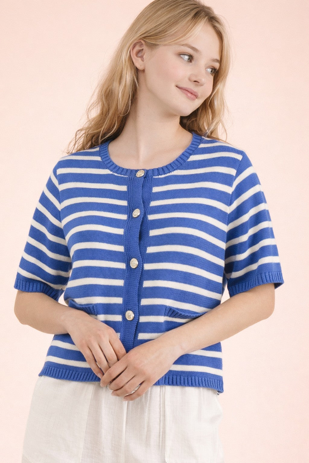 Striped Button Down Sweater-Sweaters-Podos Boutique, a Women's Fashion Boutique Located in Calera, AL