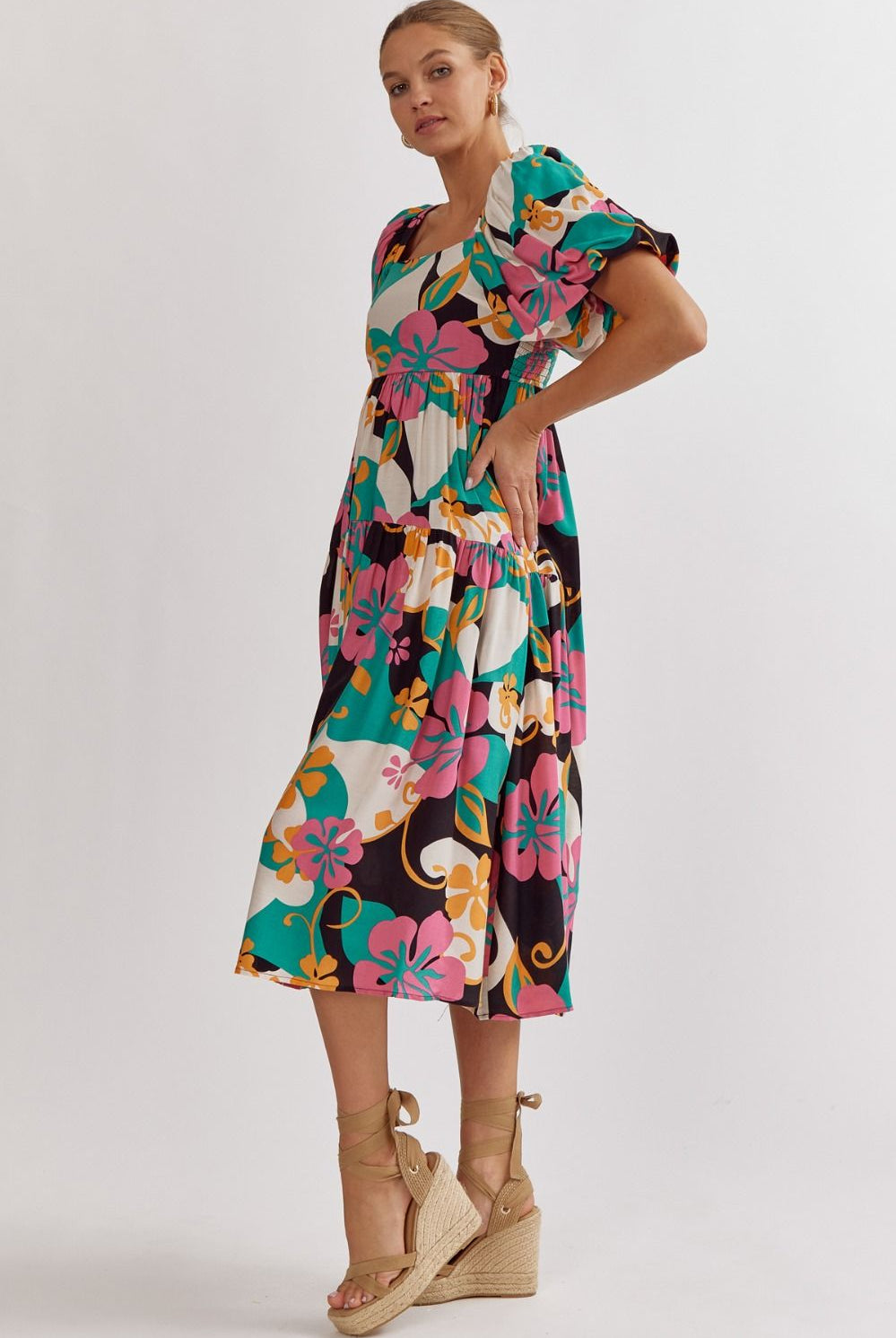 Maui Floral Midi Dress-Midi Dresses-Podos Boutique, a Women's Fashion Boutique Located in Calera, AL