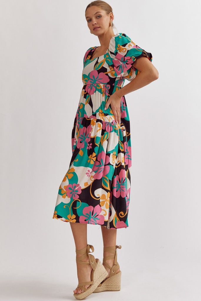Maui Floral Midi Dress-Midi Dresses-Podos Boutique, a Women's Fashion Boutique Located in Calera, AL