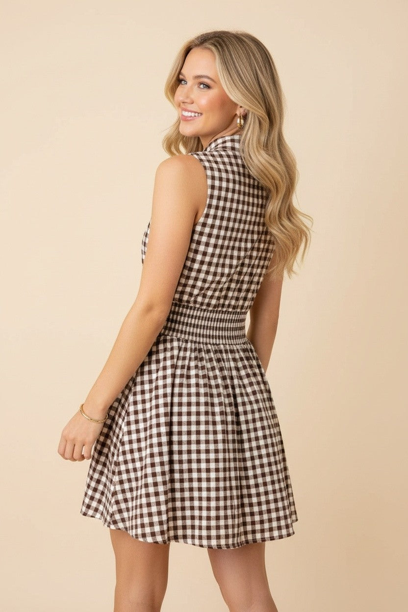 Gingham Smocked Waist Zip Front Mini Dress-Short Dresses-Podos Boutique, a Women's Fashion Boutique Located in Calera, AL
