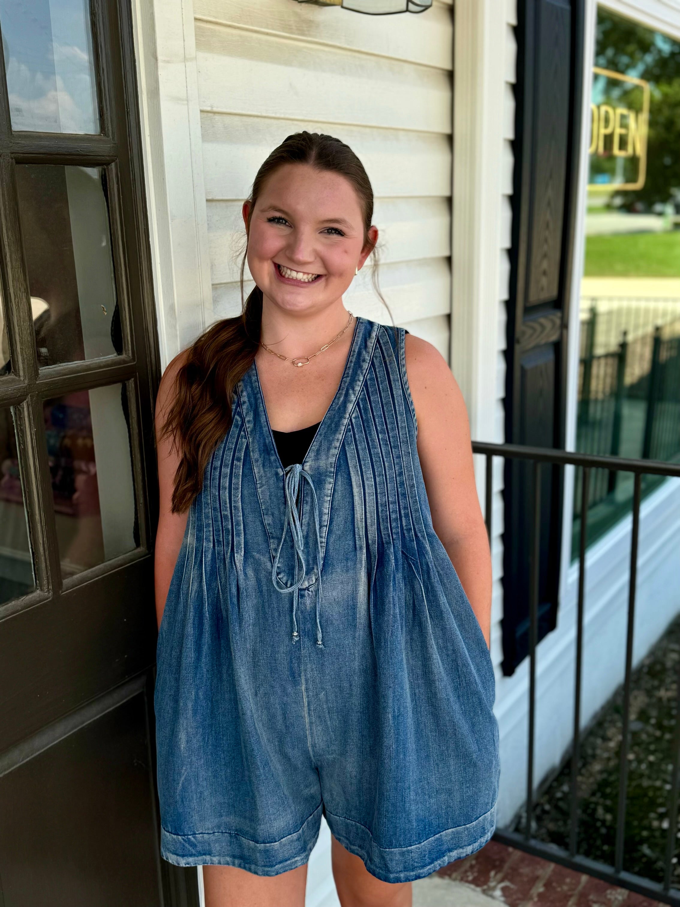 Mustard Seed Denim Romper-Podos Boutique, a Women's Fashion Boutique Located in Calera, AL