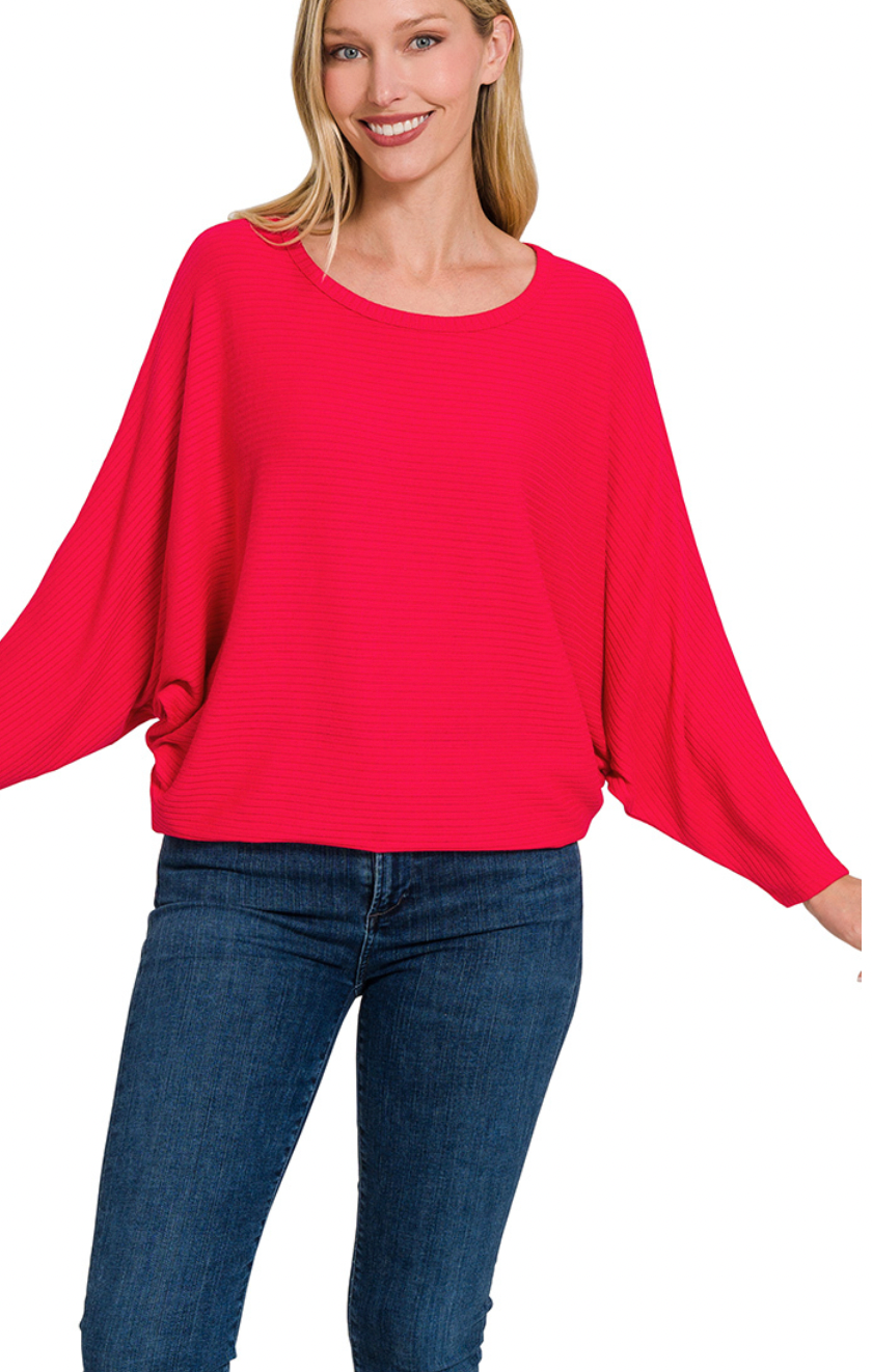 Ribbed Batwing Boatneck Sweater-Sweaters-Podos Boutique, a Women's Fashion Boutique Located in Calera, AL