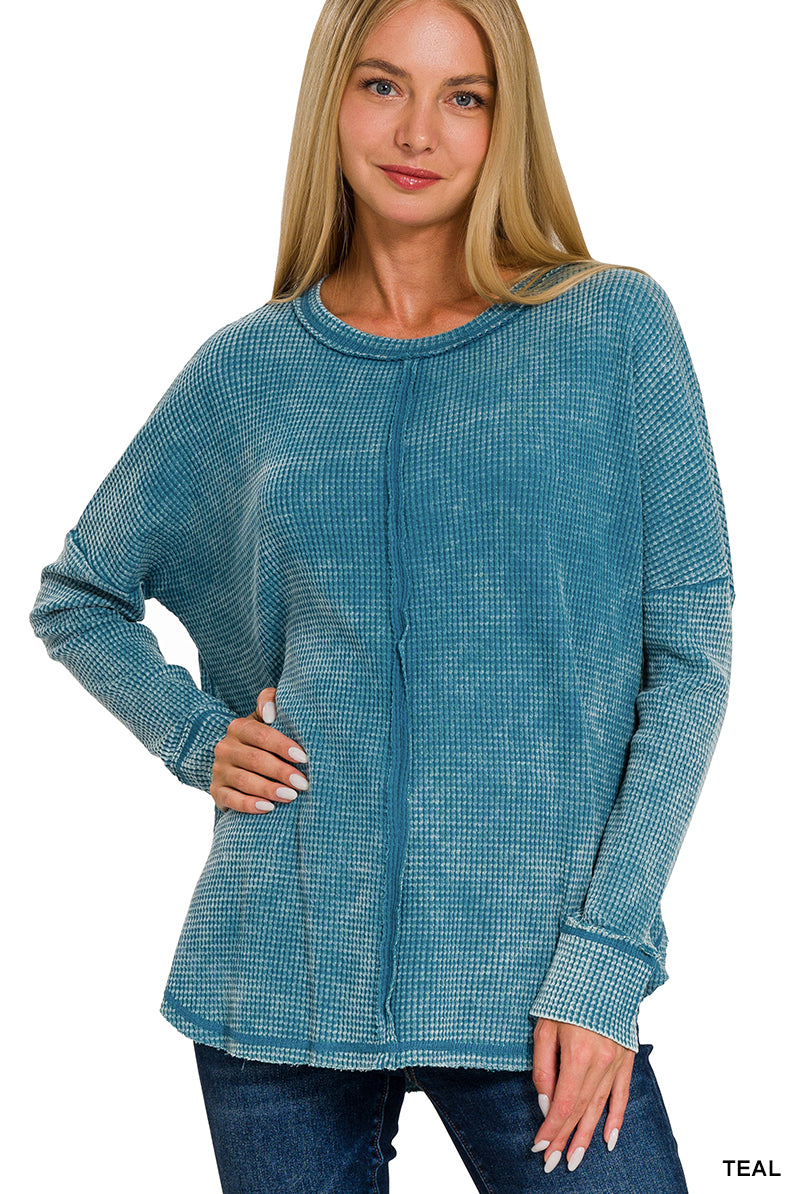 Washed Baby Waffle LS Top-Long Sleeves-Podos Boutique, a Women's Fashion Boutique Located in Calera, AL