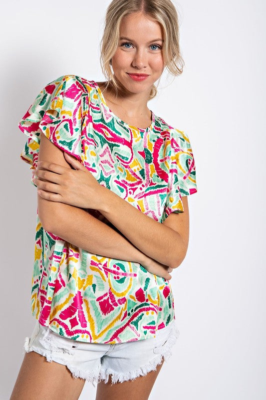 Abstract Print Ruffle Top-Short Sleeves-Podos Boutique, a Women's Fashion Boutique Located in Calera, AL