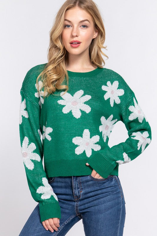 Flower Pattern Sweater-Sweaters-Podos Boutique, a Women's Fashion Boutique Located in Calera, AL