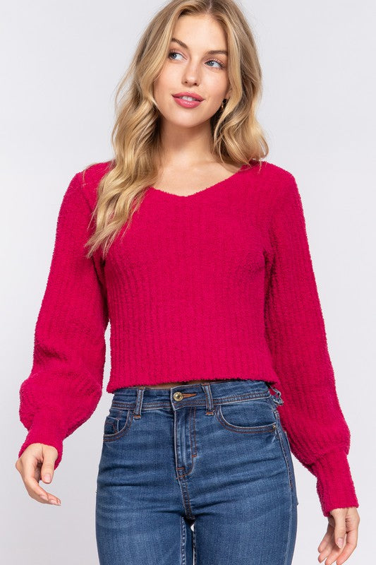 Puff Sleeve V-Neck Ribbed Sweater-Boutique Items. - Boutique Apparel - Ladies - Top It Off - Sweaters-Podos Boutique, a Women's Fashion Boutique Located in Calera, AL