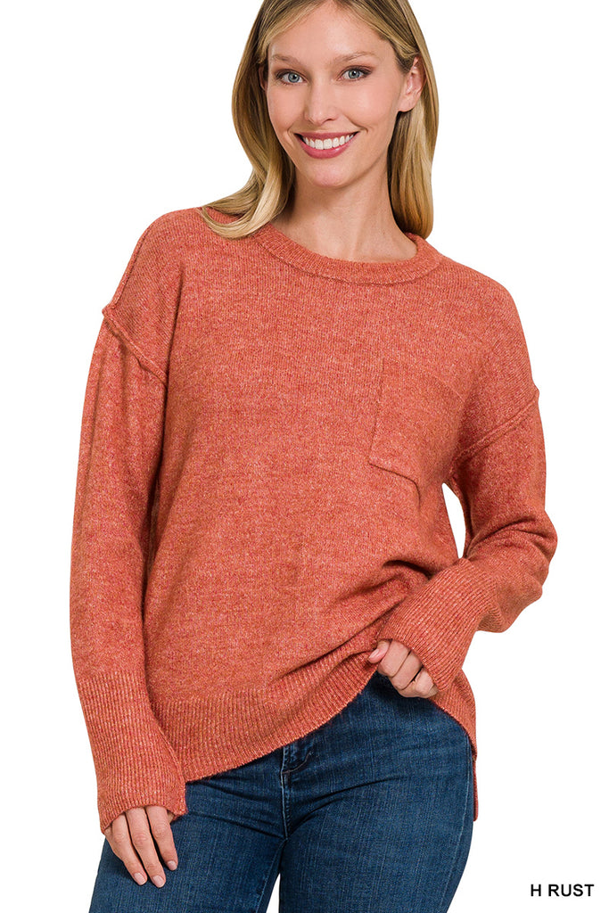 Melange Pocket Round Neck Sweater-Boutique Items. - Boutique Apparel - Ladies - Top It Off - Sweaters-Podos Boutique, a Women's Fashion Boutique Located in Calera, AL