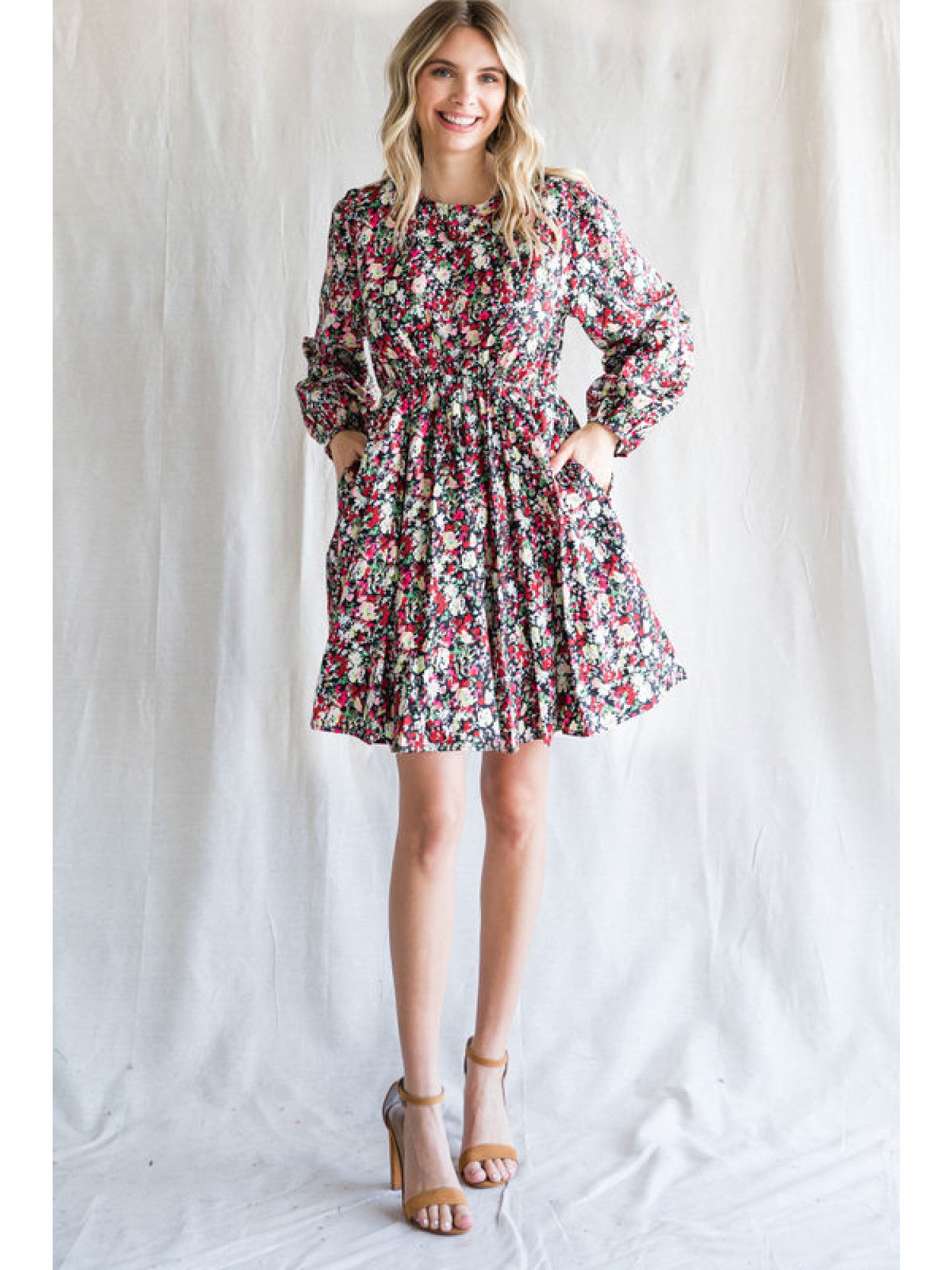 Floral dress w/ U-neck back tie closure-Short Dresses-Podos Boutique, a Women's Fashion Boutique Located in Calera, AL