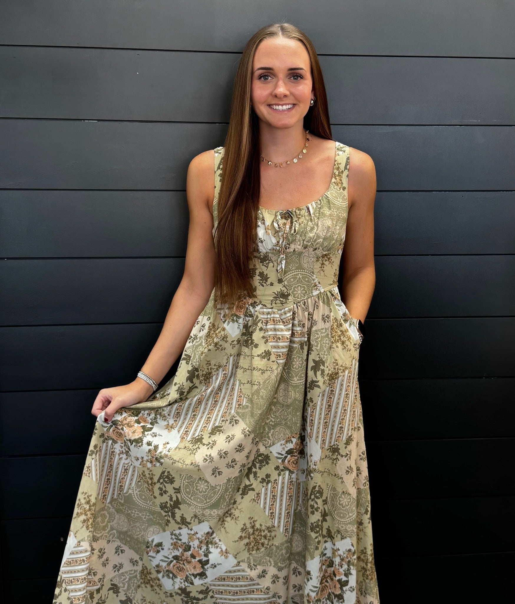 Loving The Patchwork Dress-Midi Dresses-Podos Boutique, a Women's Fashion Boutique Located in Calera, AL
