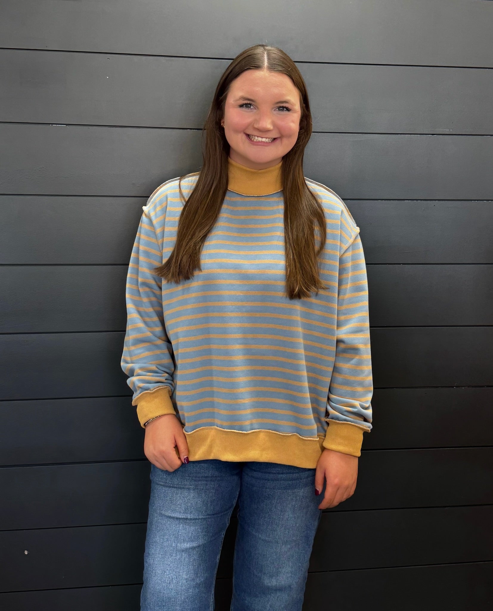 Ditsy Striped Mock Neck-Pullover-Podos Boutique, a Women's Fashion Boutique Located in Calera, AL