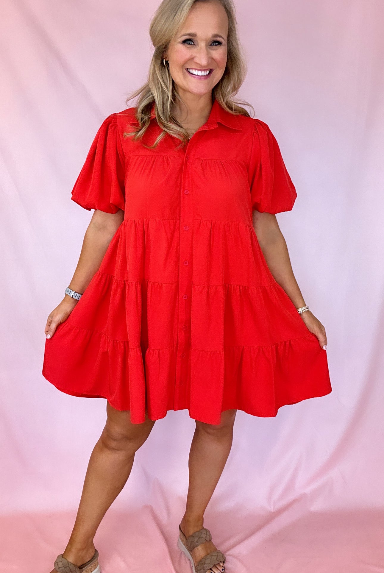 Mandy Button Front Tiered Dress-Short Dresses-Podos Boutique, a Women's Fashion Boutique Located in Calera, AL