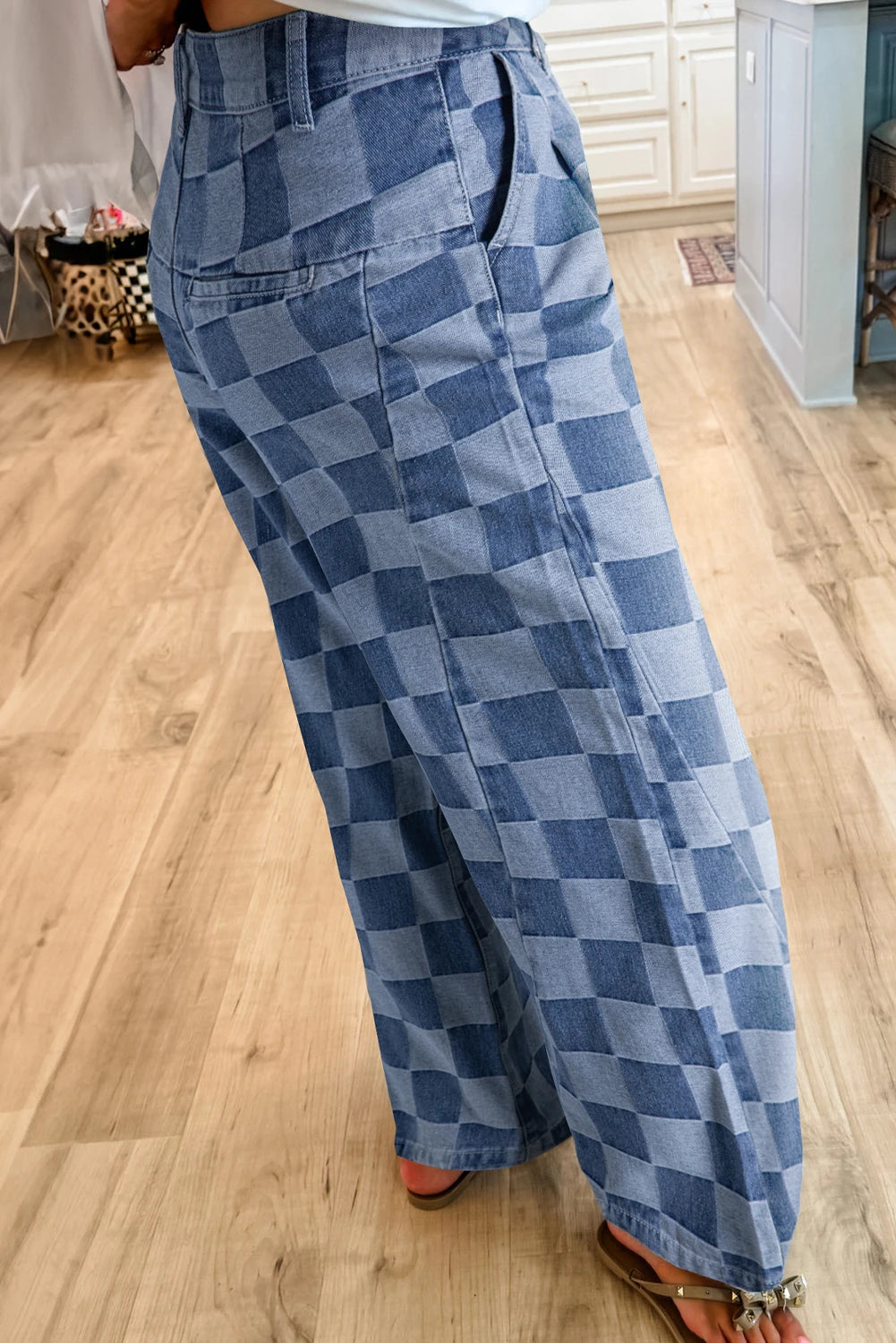 Checkered Wide Leg Jeans-Podos Boutique, a Women's Fashion Boutique Located in Calera, AL