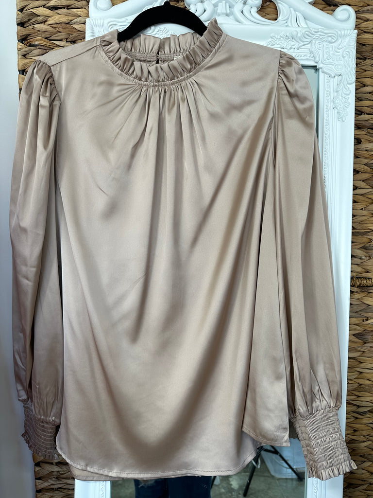 Ruffle Neck silk Blouse-Long Sleeves-Podos Boutique, a Women's Fashion Boutique Located in Calera, AL