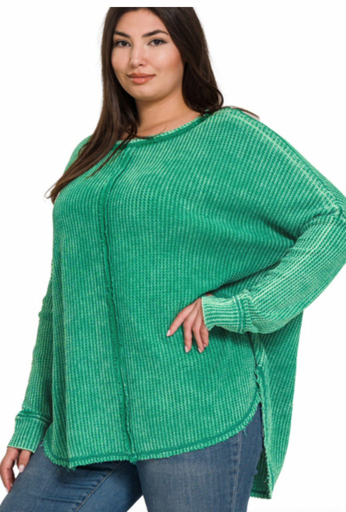 Plus washed baby waffle oversized Long sleeve-Boutique Items. - Boutique Apparel - Curvy Style - Tops-Podos Boutique, a Women's Fashion Boutique Located in Calera, AL